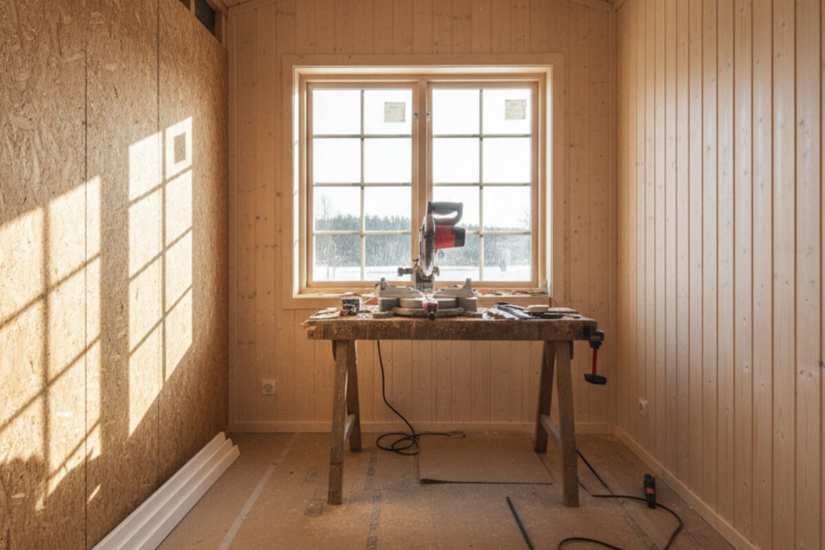 Binnenwand van een huisje met houten schrootjes, verstekzaag op een werkbank.