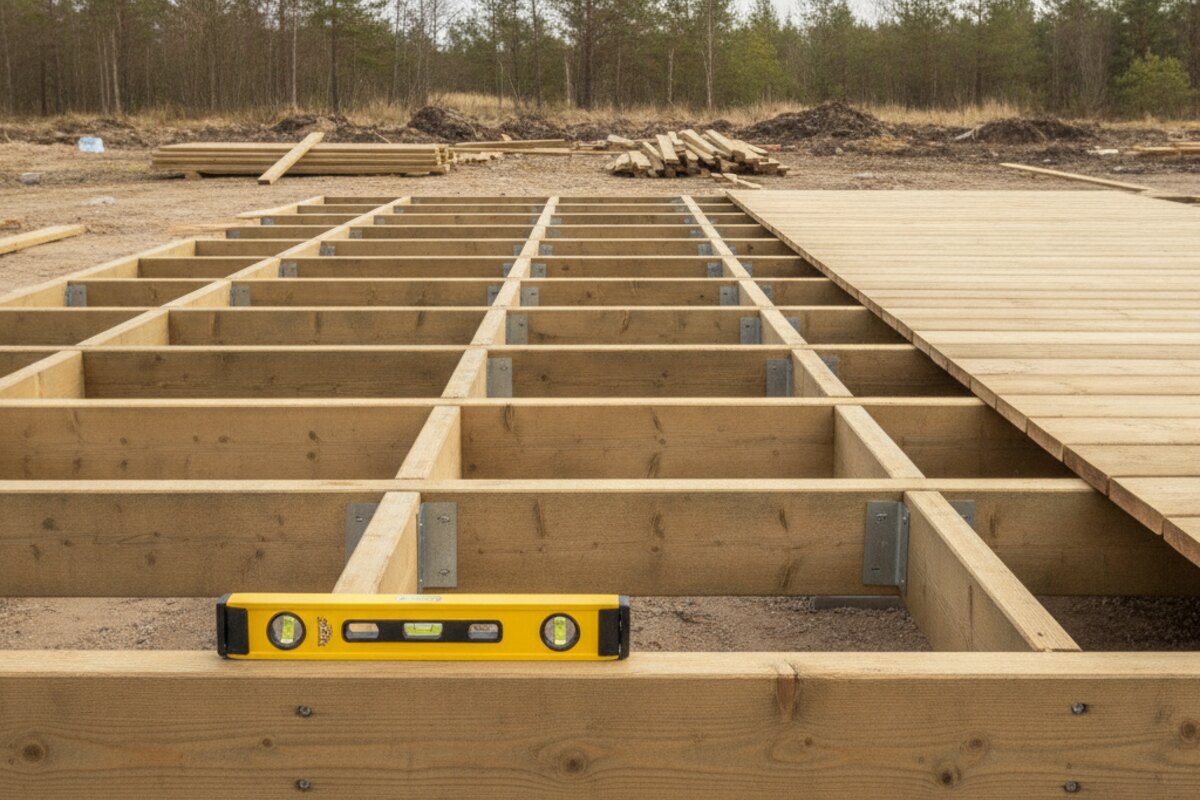 Houten balklaag op betonnen poeren onder een huisje in aanbouw.