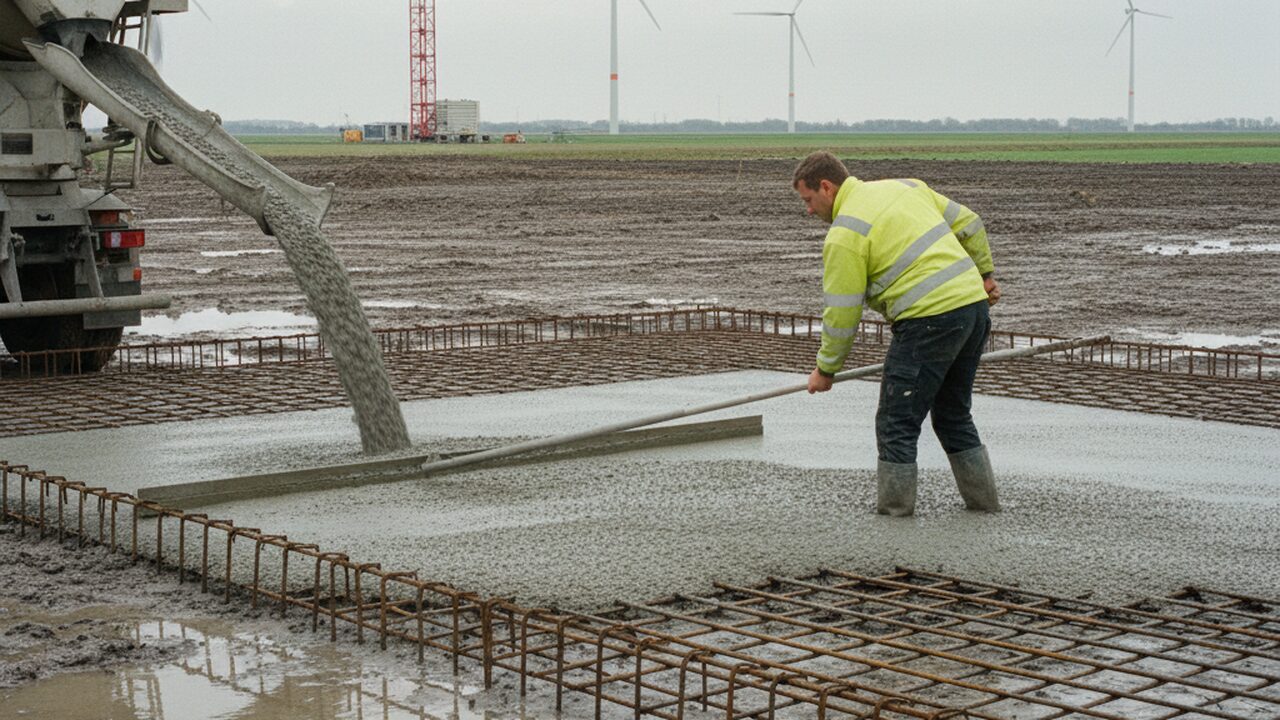 Grondwerkers storten beton op een wapeningsnet voor een fundering op een Nederlandse bouwplaats met een torenkraan en windmolens