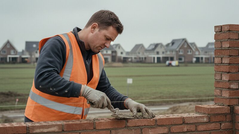Metselaar in oranje hesje legt bakstenen langs een strak gespannen draad