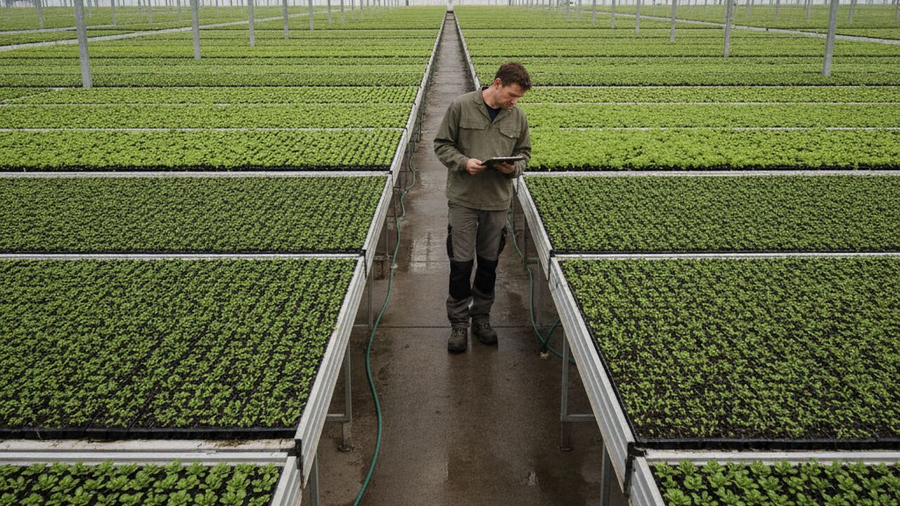 Een medewerker verplaatst trays met jonge planten in een lichte kwekerijkas